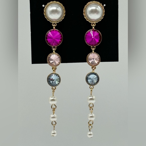 INC Drop Crystal and Faux Pearl Dangling Earrings in Gold Tone 3.5in - Picture 3 of 9